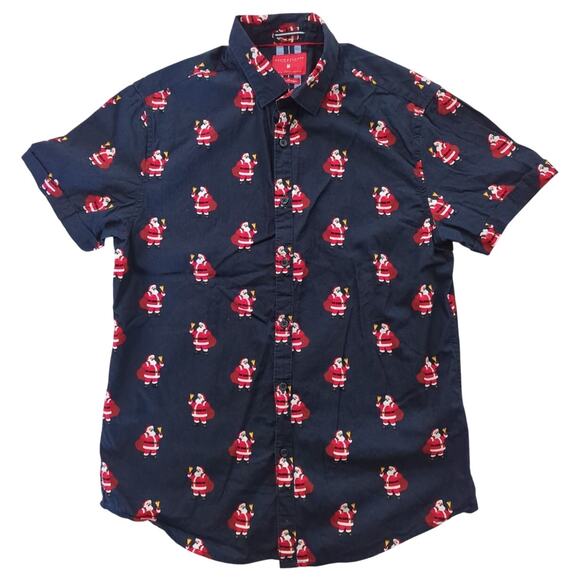 DENIM & FLOWER RICKY SINGH Navy Blue Santa Print Short Sleeve Shirt Men's Size M - Picture 1 of 5